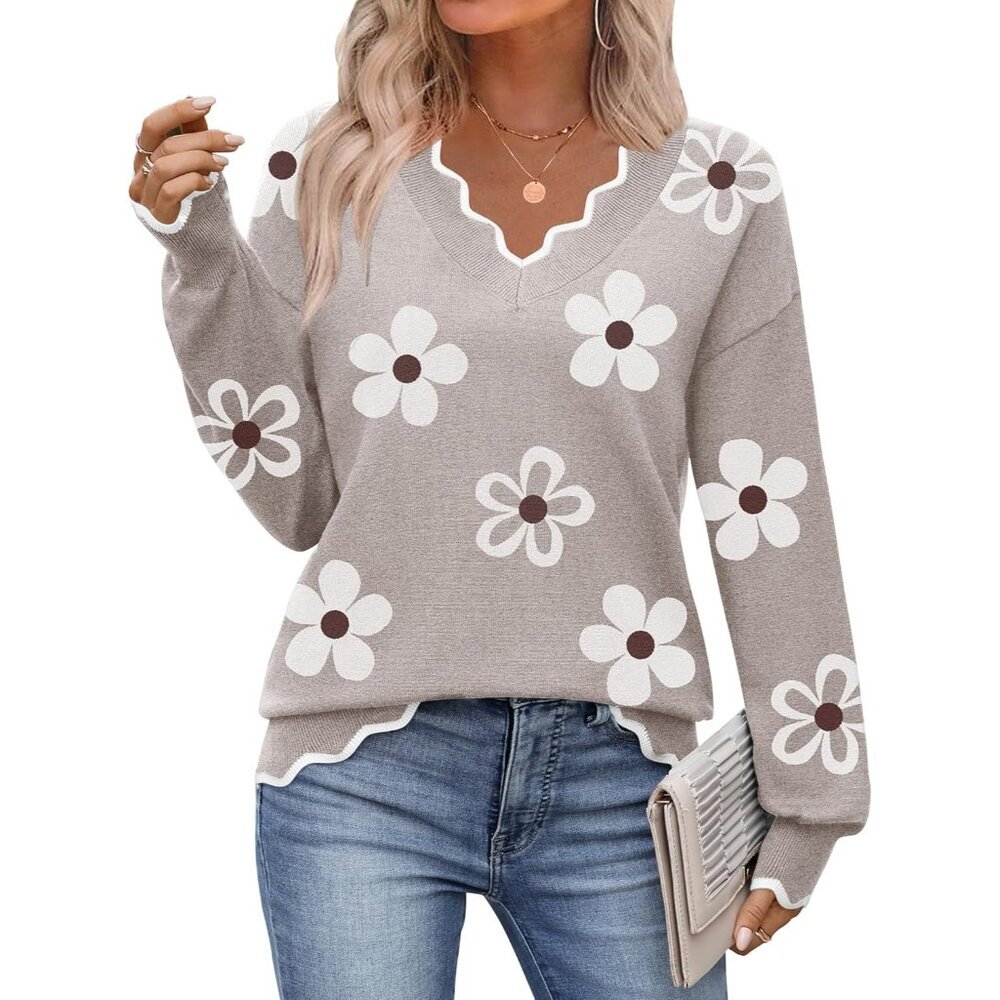 Women's V Neck Sweater Lightweight Knit Fall Casual Long Sleeve Large